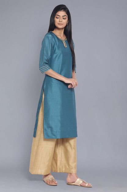 Dark Teal Festive Solid Straight kurta - wforwoman