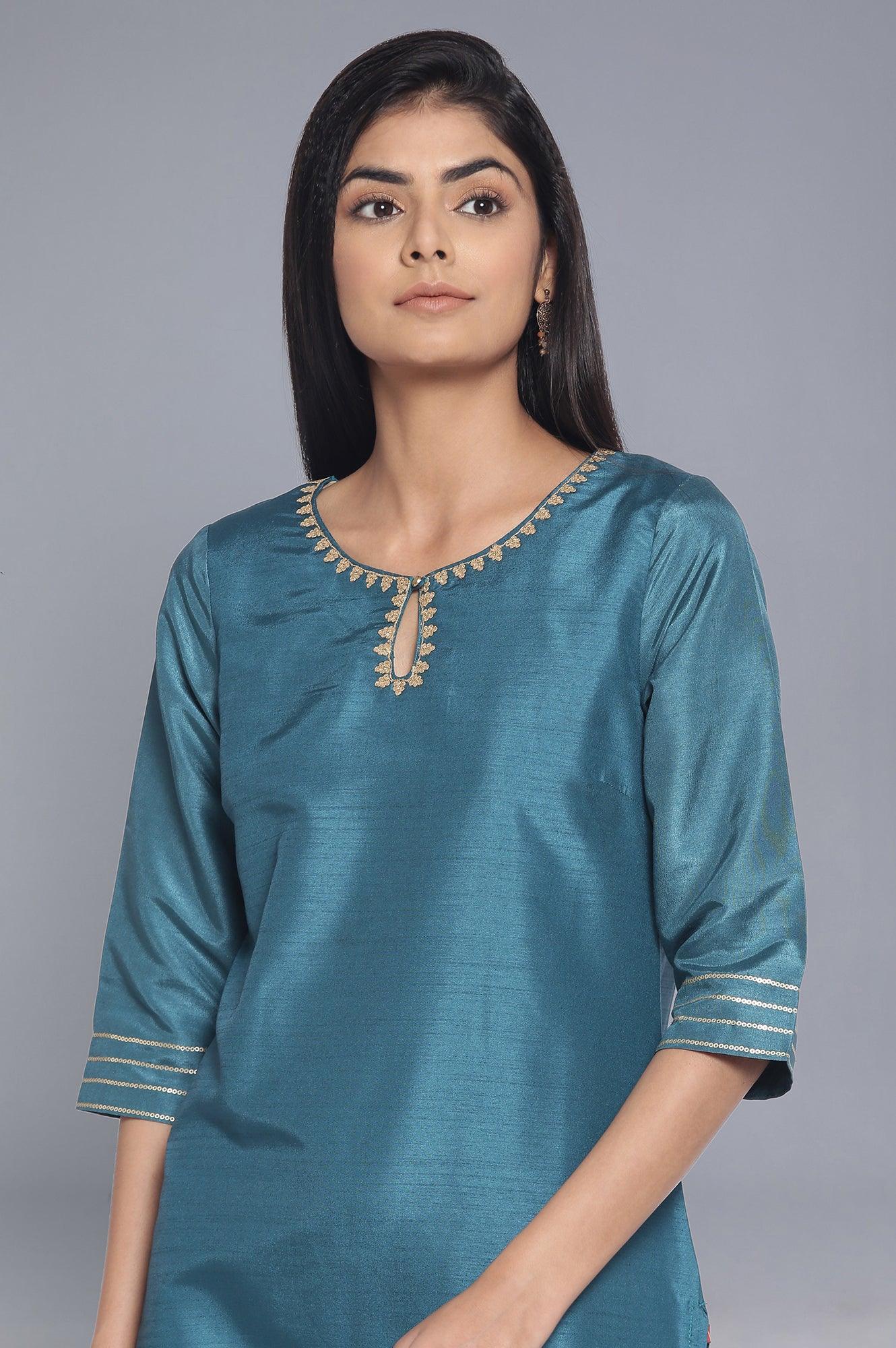 Dark Teal Festive Solid Straight kurta - wforwoman