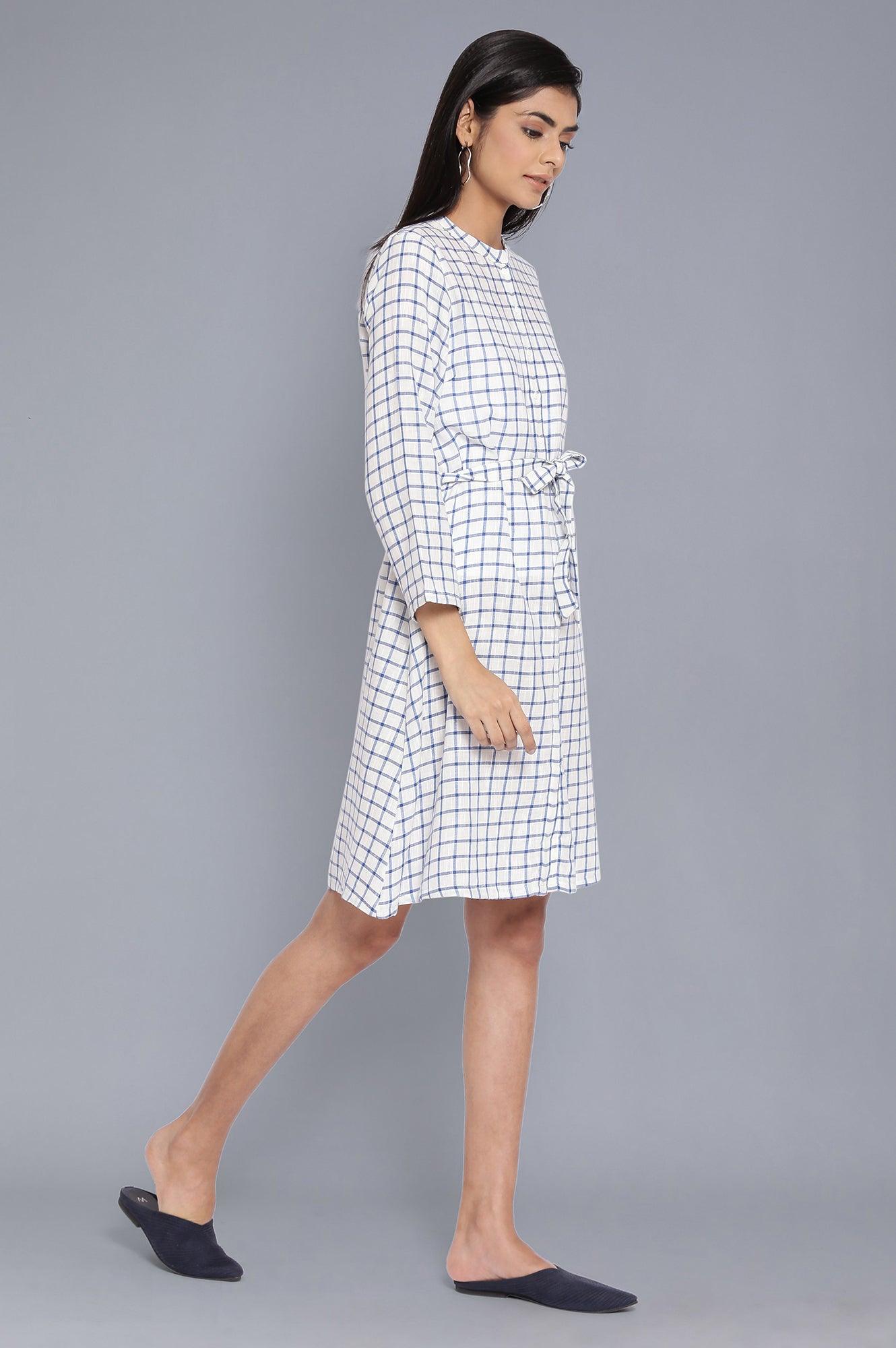 Ecru and Blue Printed Dress - wforwoman