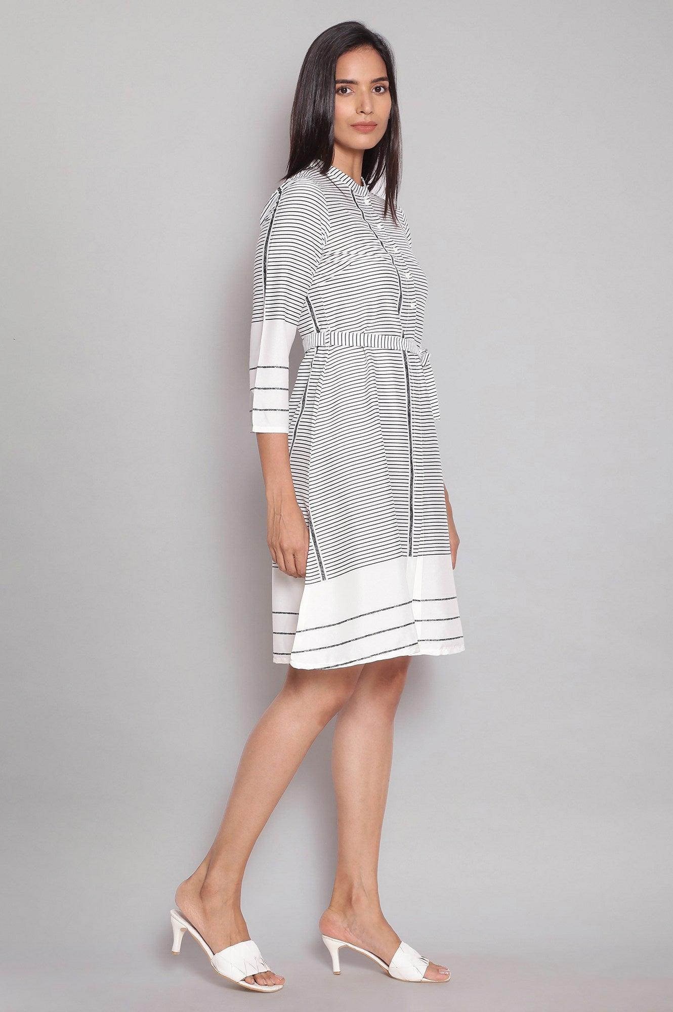 Ecru Mandarin Collar Striped A-line Dress - wforwoman