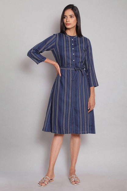 Navy Blue Stripe Print Shirt Dress - wforwoman