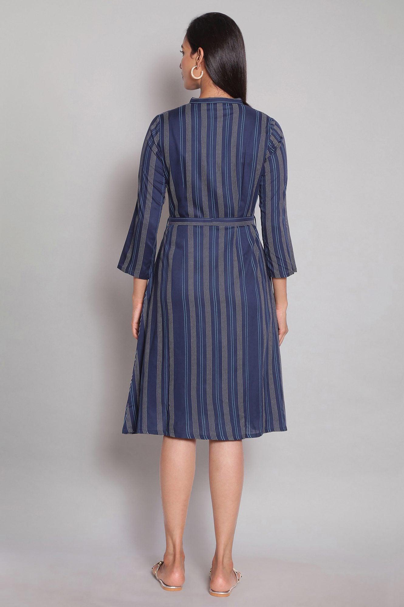 Navy Blue Stripe Print Shirt Dress - wforwoman