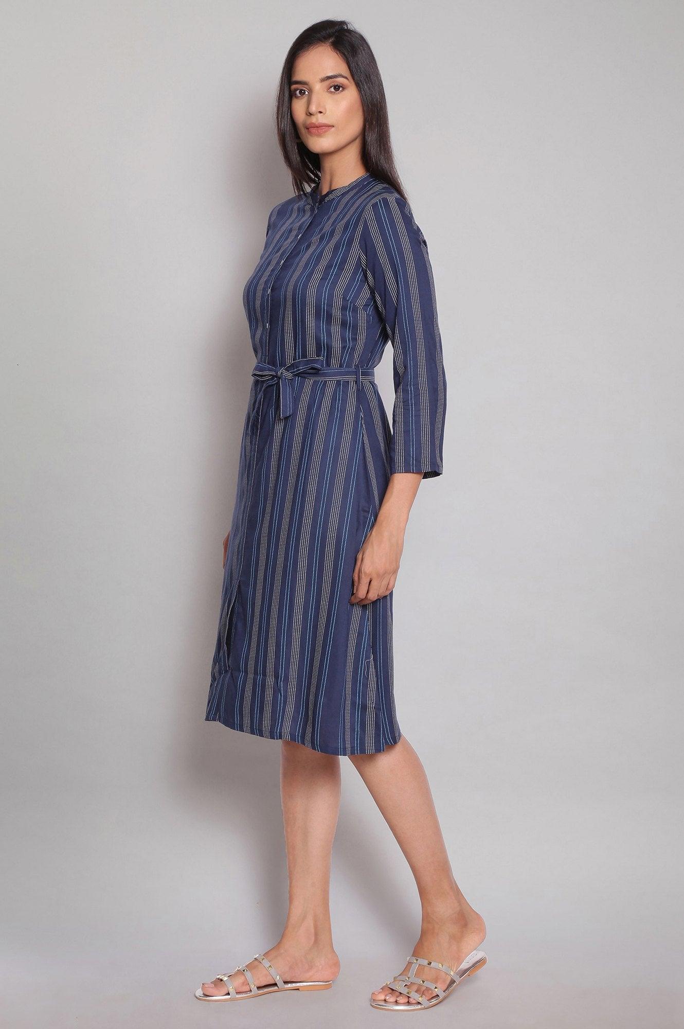 Navy Blue Stripe Print Shirt Dress - wforwoman