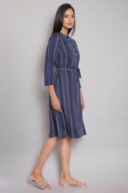 Navy Blue Stripe Print Shirt Dress - wforwoman