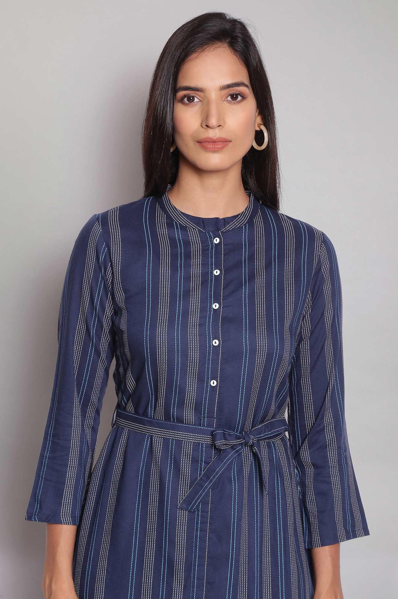 Navy Blue Stripe Print Shirt Dress - wforwoman