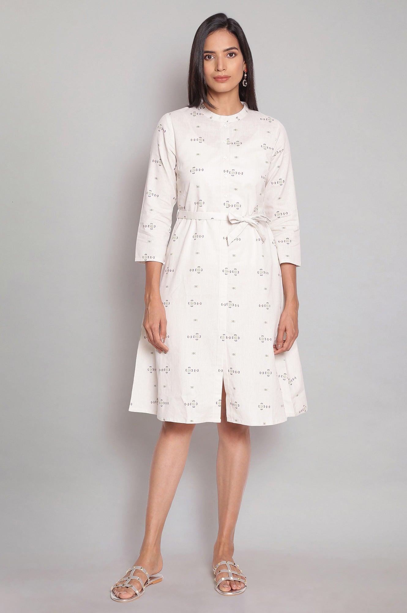 Ecru Shirt Dress with Floral Print - wforwoman