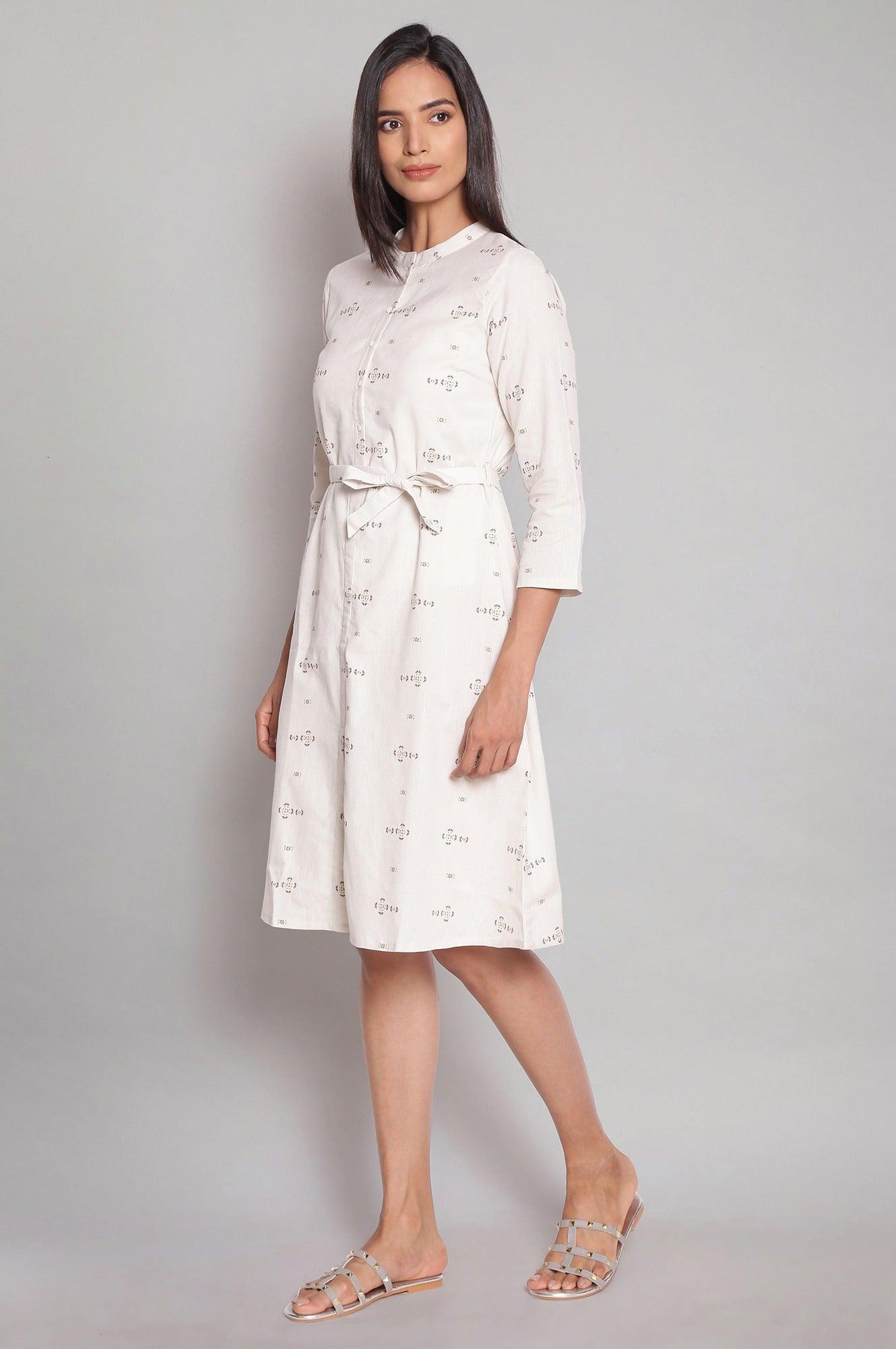 Ecru Shirt Dress with Floral Print - wforwoman