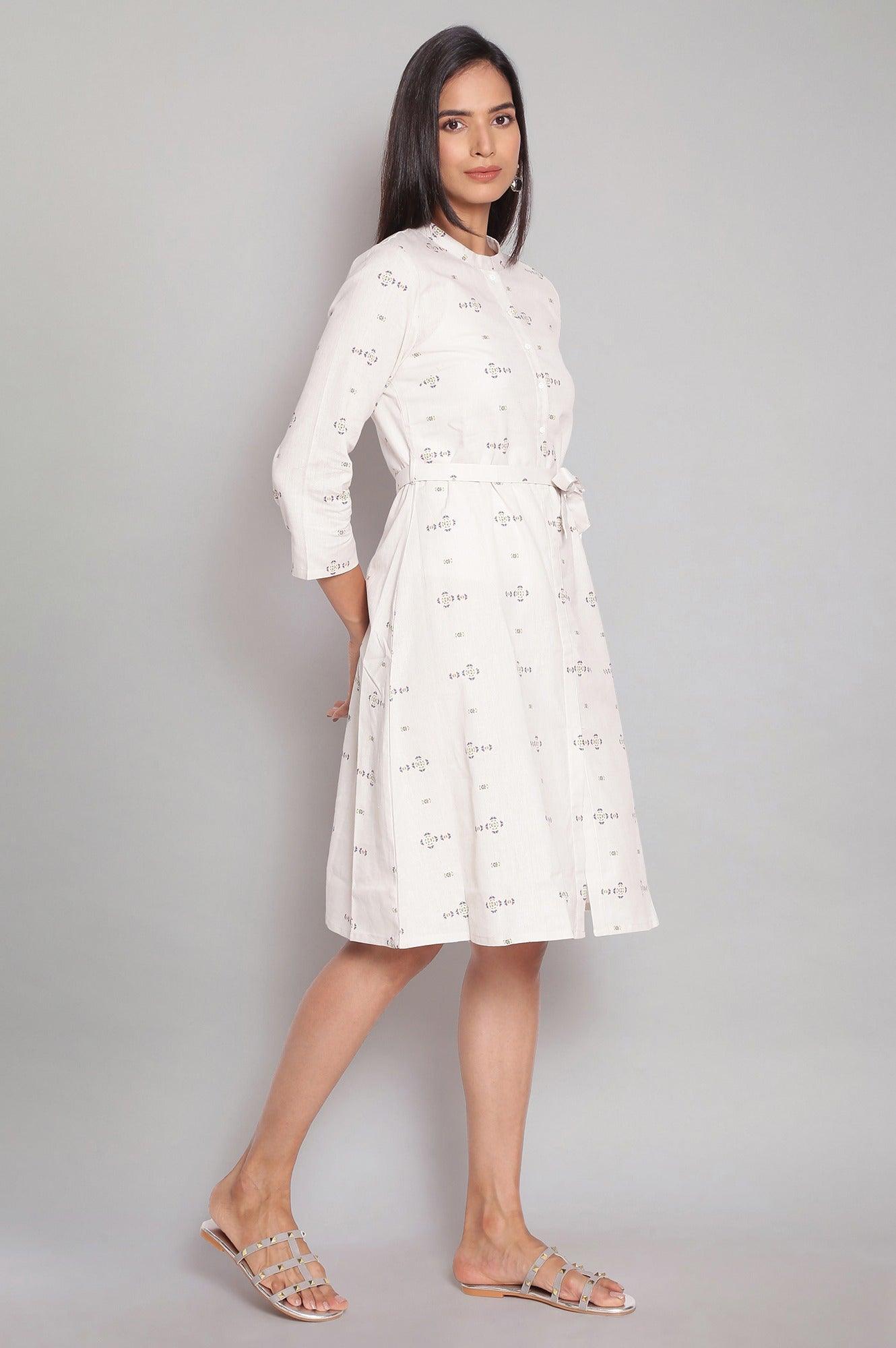 Ecru Shirt Dress with Floral Print - wforwoman