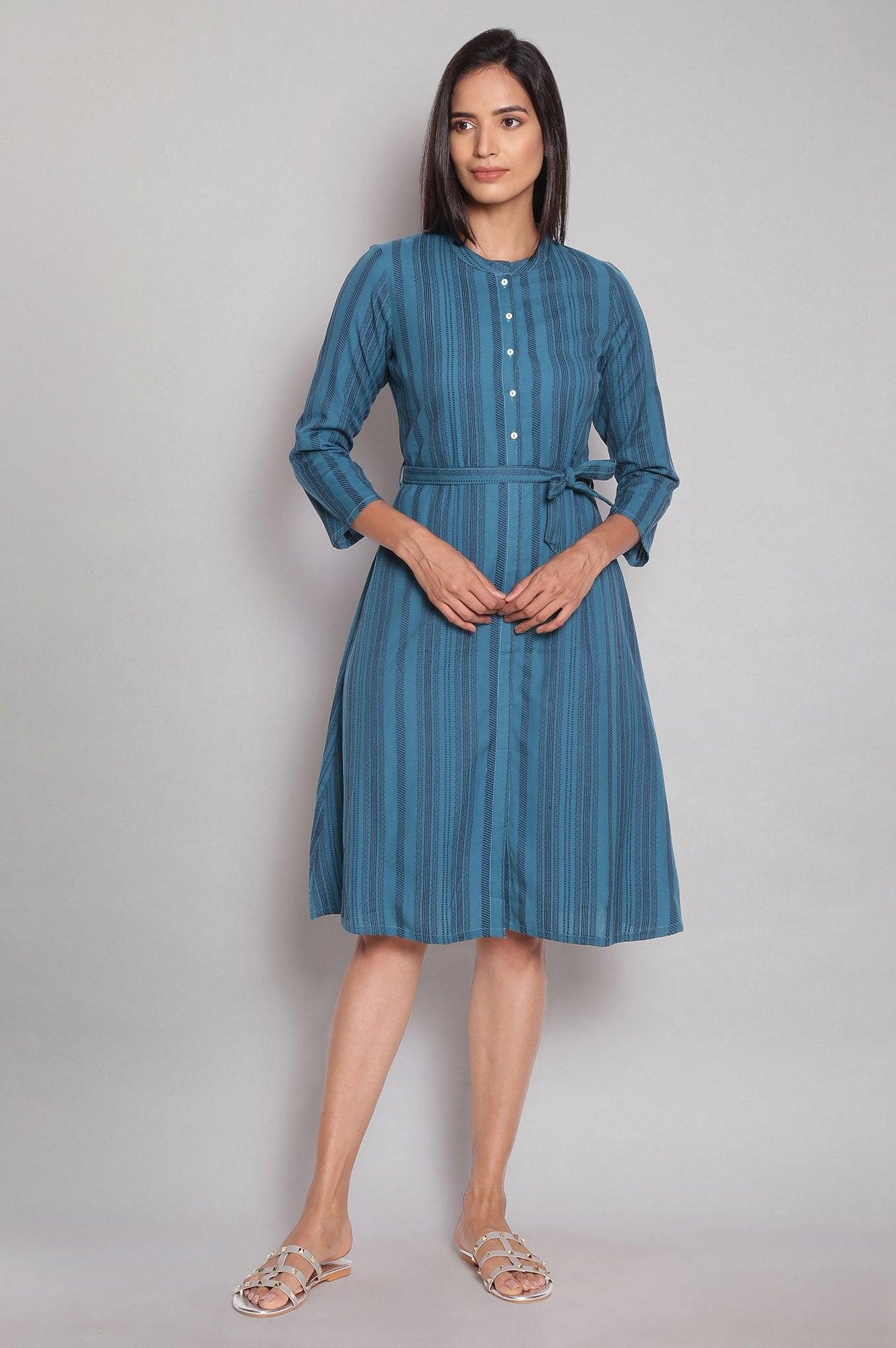 Dark Teal Stripe Print Shirt Dress - wforwoman