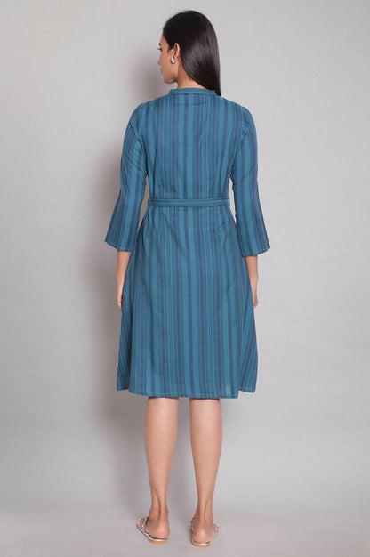 Dark Teal Stripe Print Shirt Dress - wforwoman