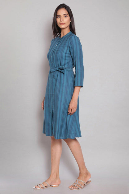 Dark Teal Stripe Print Shirt Dress - wforwoman