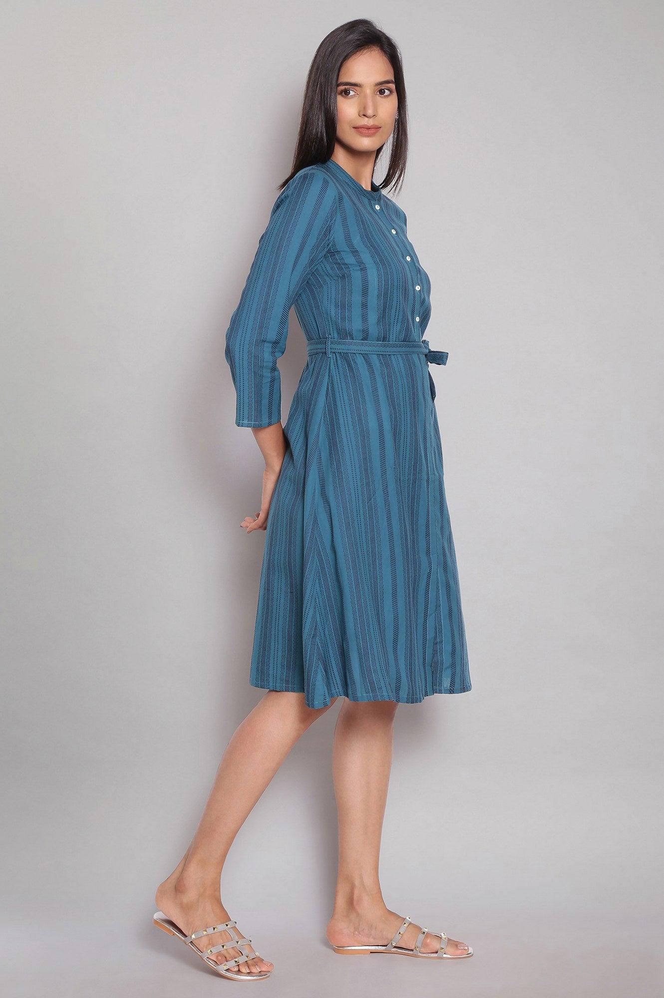 Dark Teal Stripe Print Shirt Dress - wforwoman