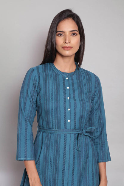 Dark Teal Stripe Print Shirt Dress - wforwoman