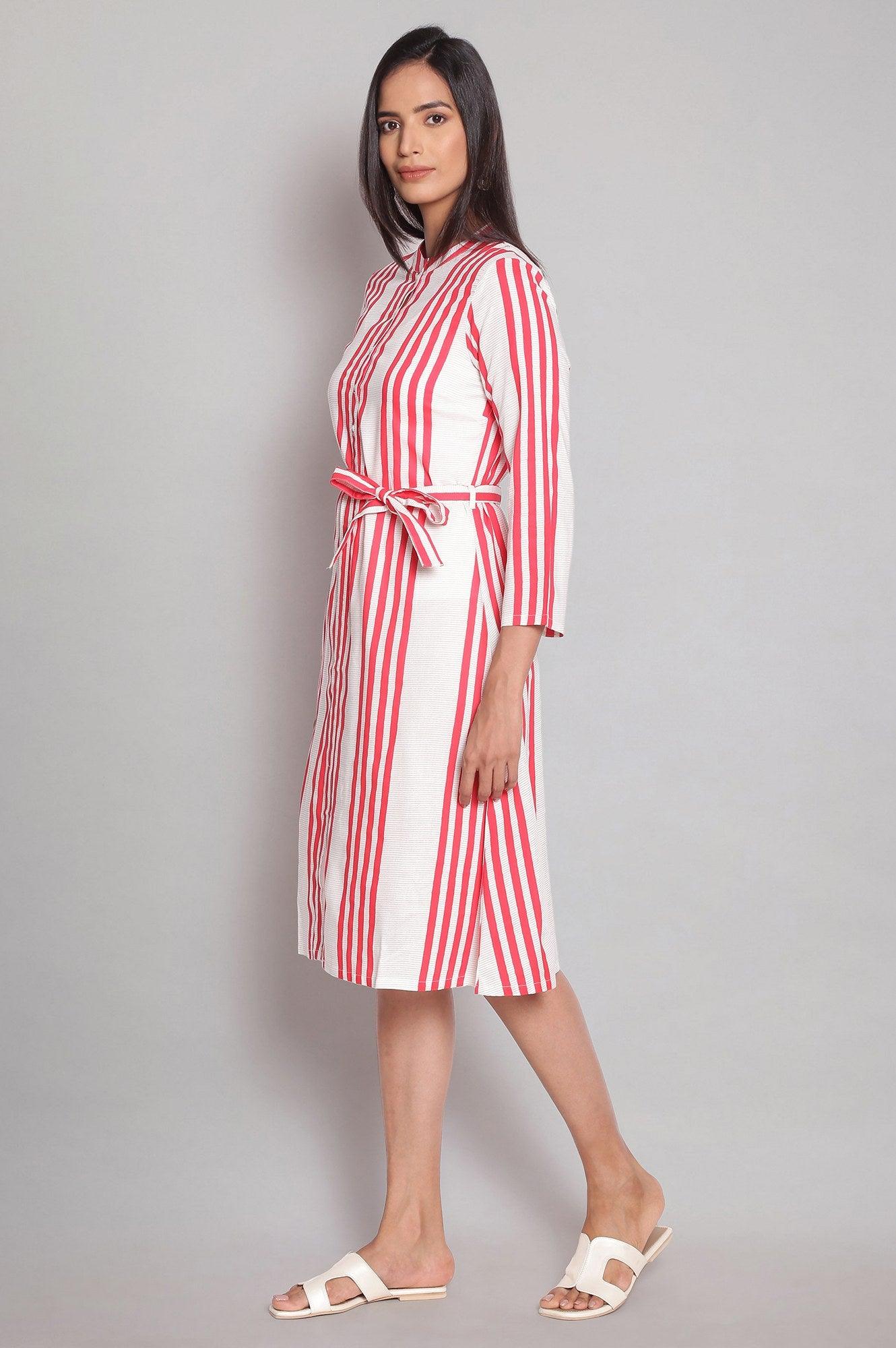 Ecru and Red Stripe Print kurta - wforwoman