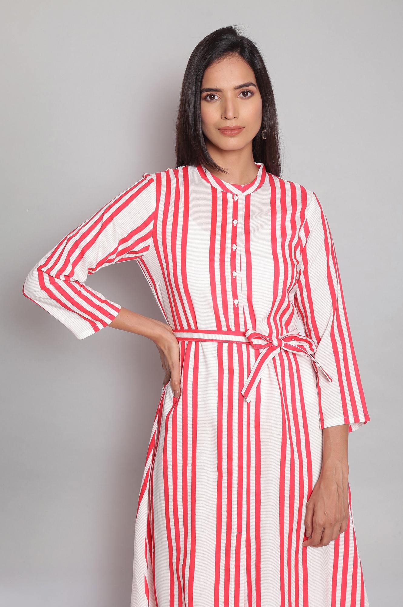 Ecru and Red Stripe Print kurta - wforwoman