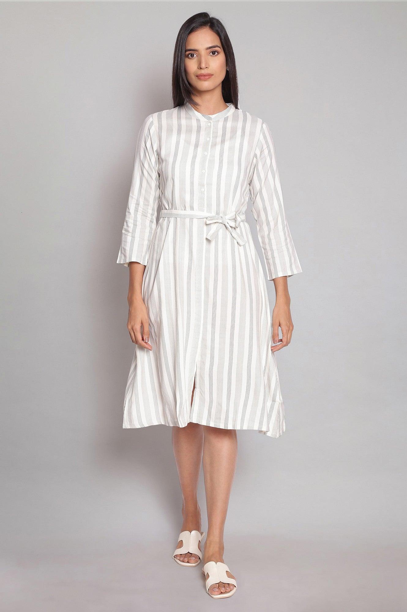 Ecru Striped A-line Dress - wforwoman