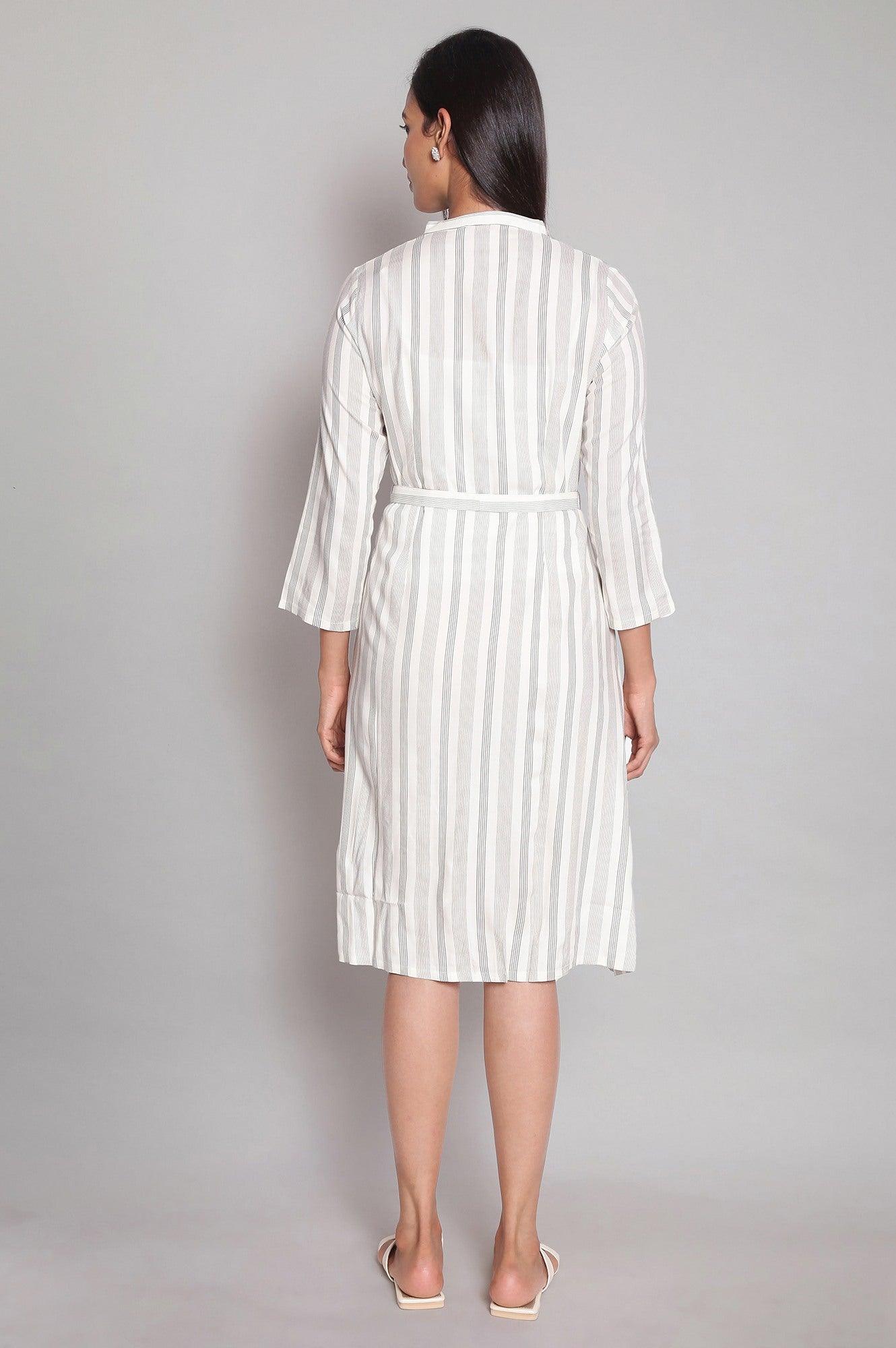 Ecru Striped A-line Dress - wforwoman