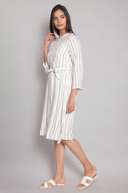 Ecru Striped A-line Dress - wforwoman