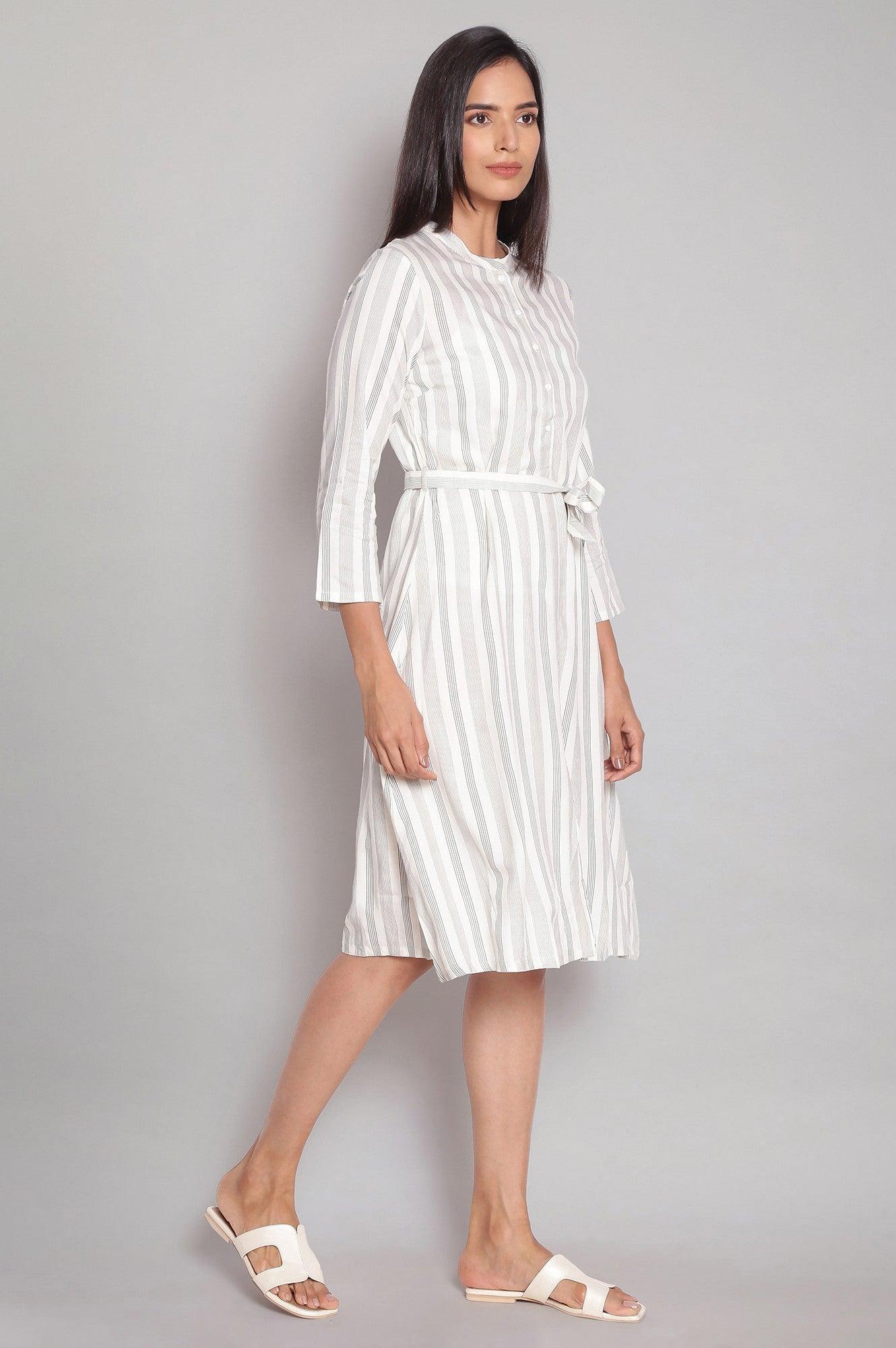 Ecru Striped A-line Dress - wforwoman