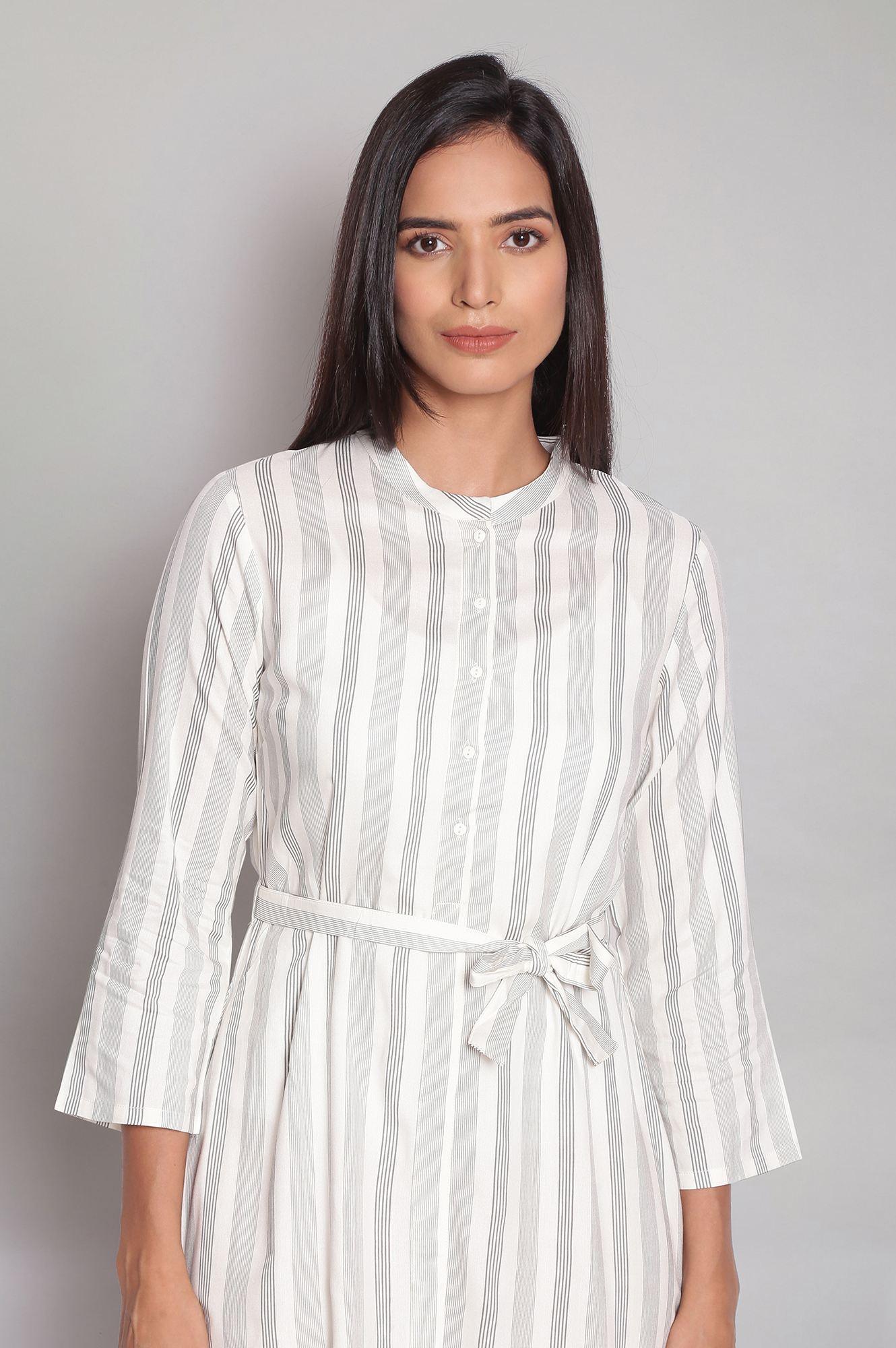 Ecru Striped A-line Dress - wforwoman