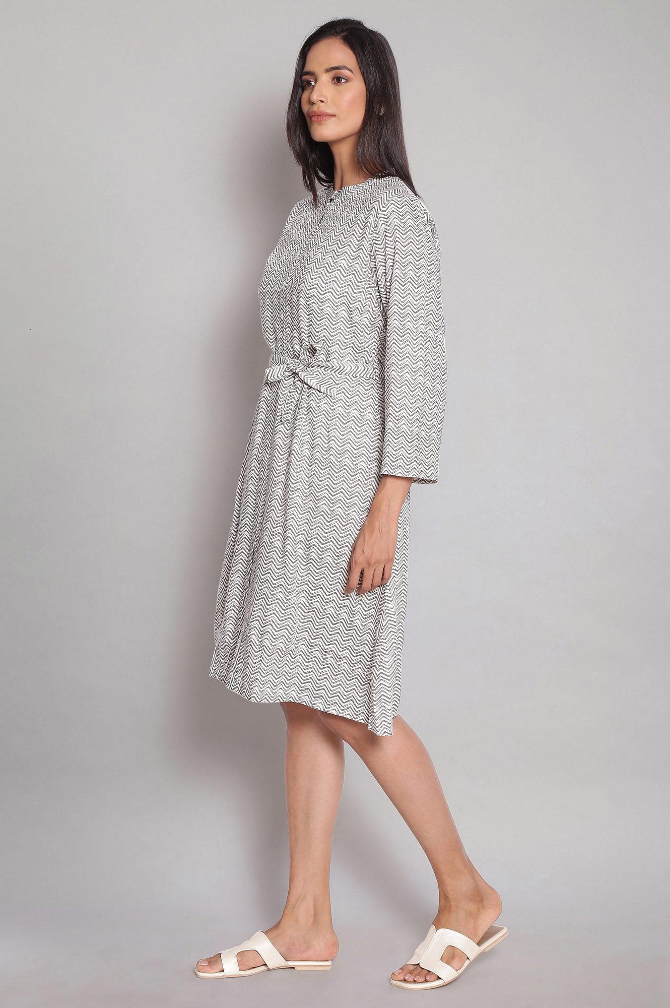 Ecru and Grey Cheveron Striped A-line Dress - wforwoman