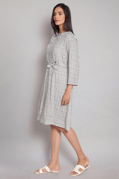 Ecru and Grey Cheveron Striped A-line Dress - wforwoman