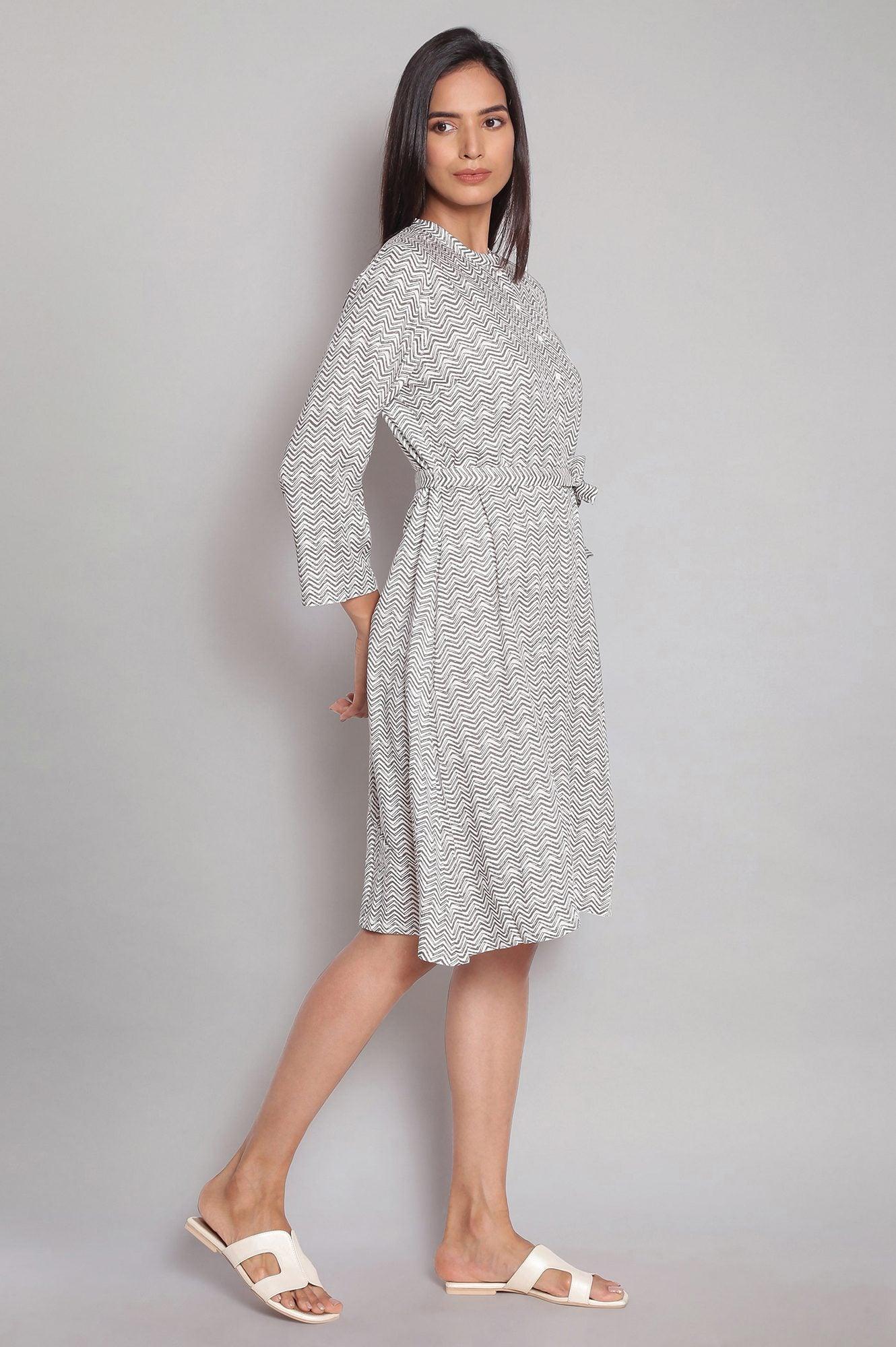 Ecru and Grey Cheveron Striped A-line Dress - wforwoman