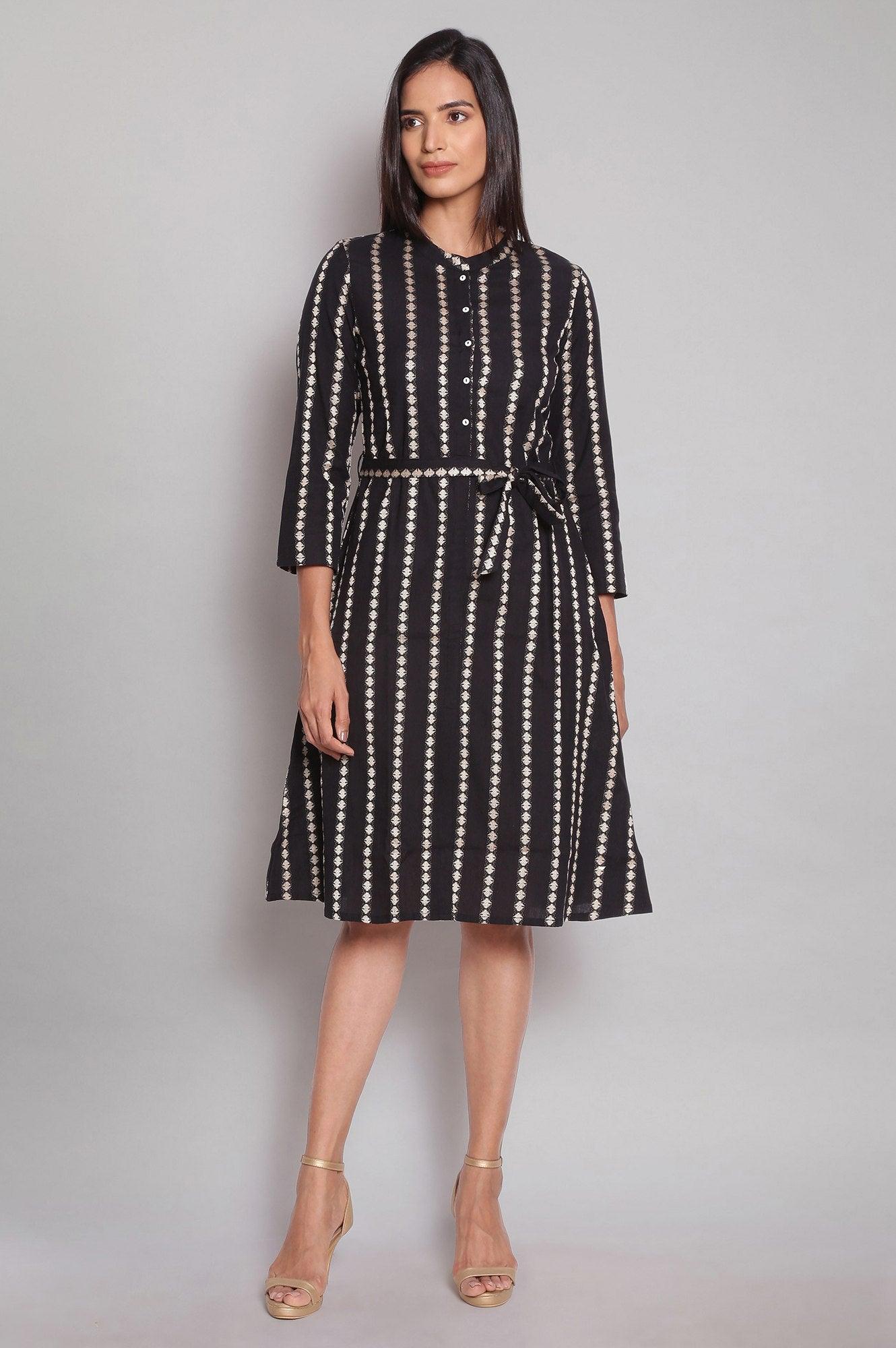 Black Printed Dobby Shirt Dress - wforwoman