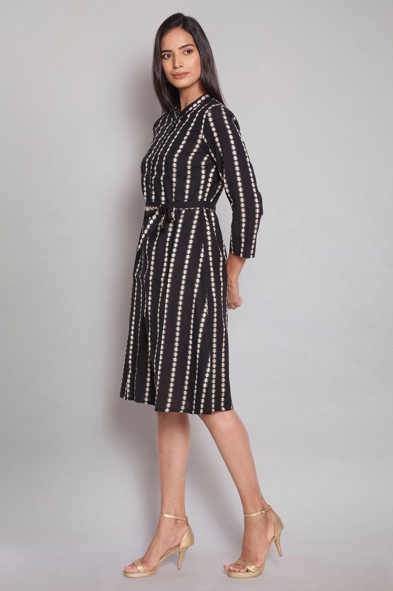 Black Printed Dobby Shirt Dress - wforwoman