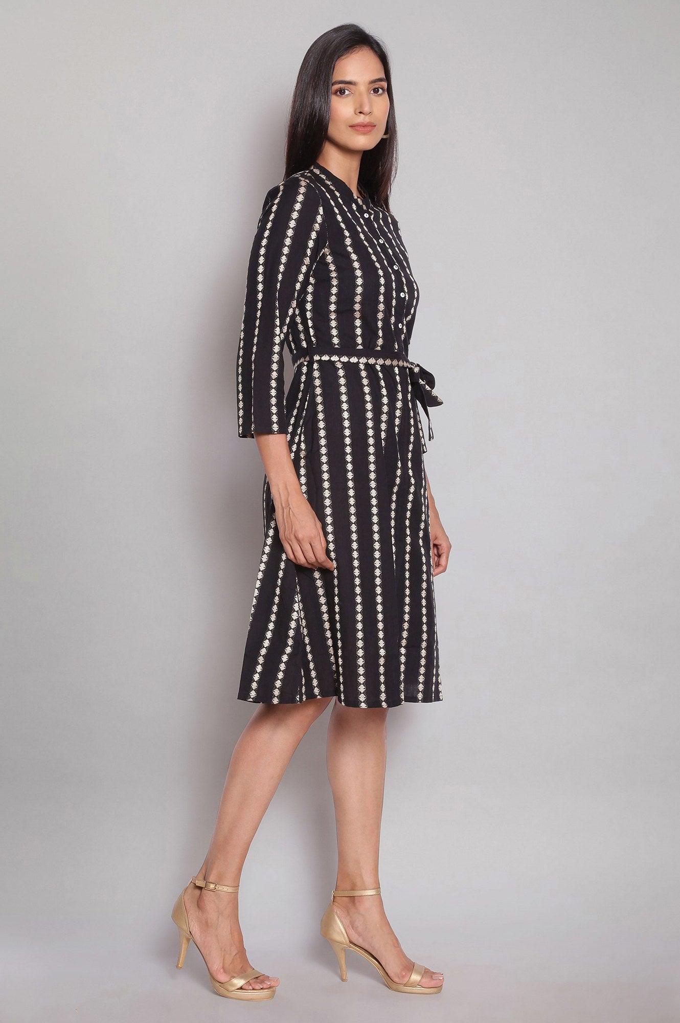 Black Printed Dobby Shirt Dress - wforwoman