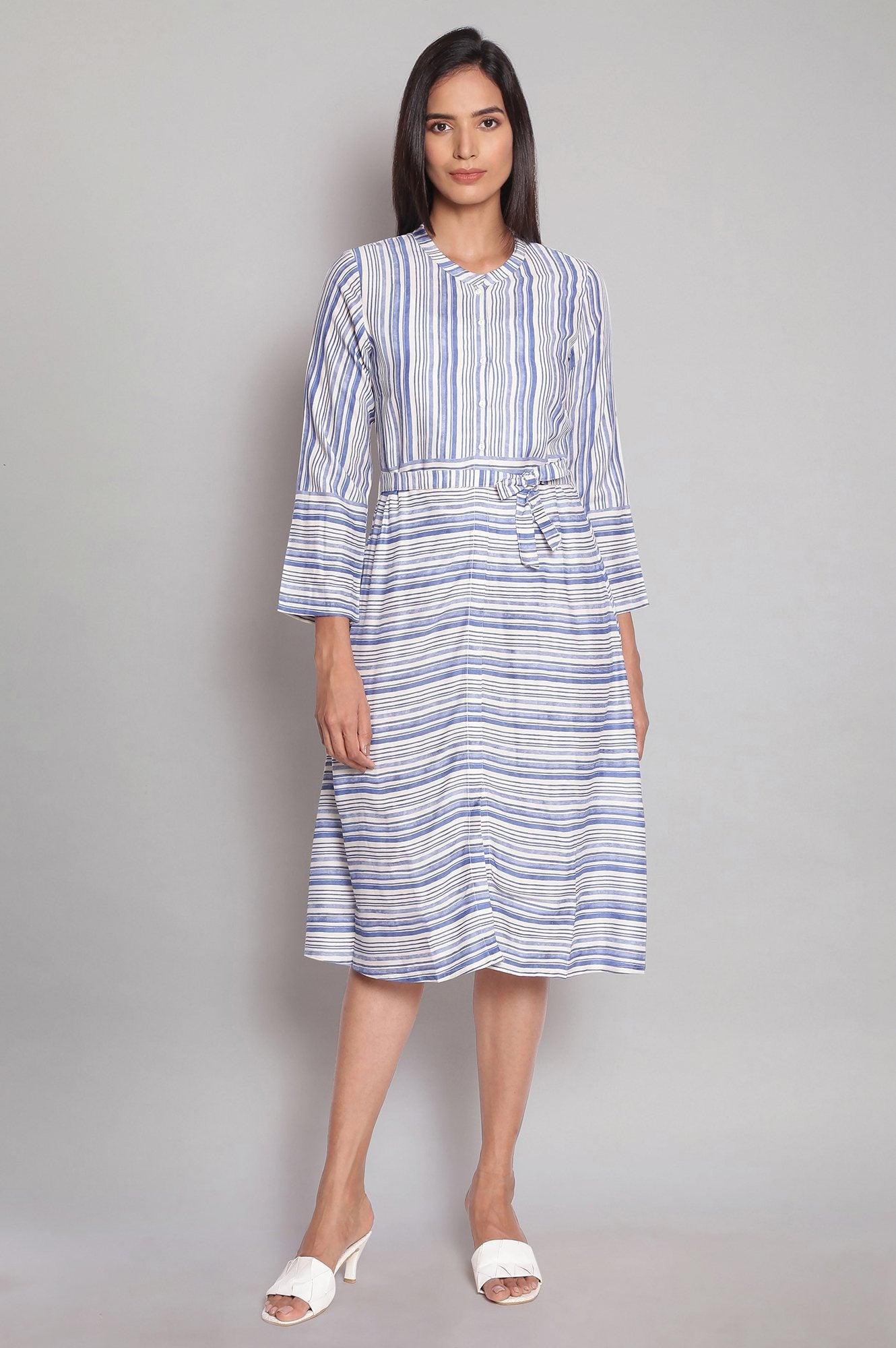 Blue and Ecru Striped A-line Dress - wforwoman