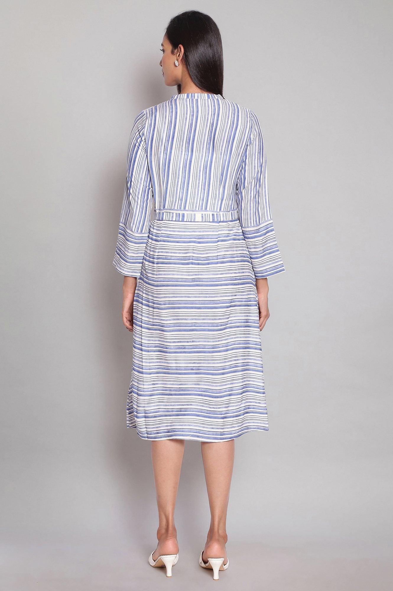 Blue and Ecru Striped A-line Dress - wforwoman