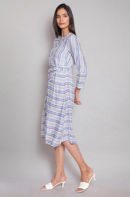 Blue and Ecru Striped A-line Dress - wforwoman