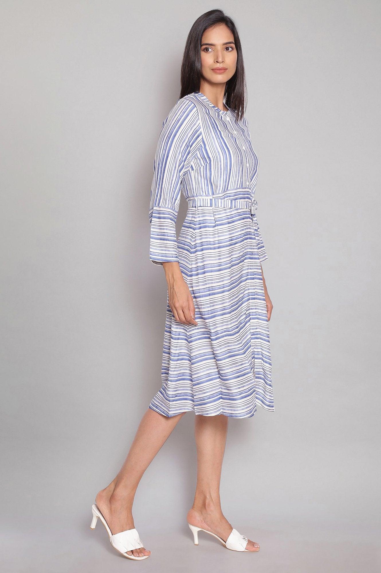 Blue and Ecru Striped A-line Dress - wforwoman