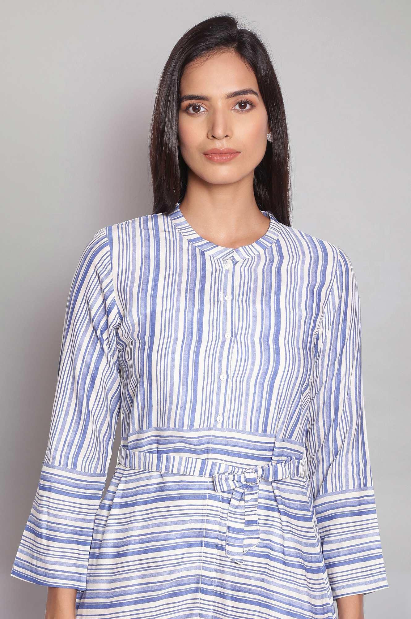 Blue and Ecru Striped A-line Dress - wforwoman