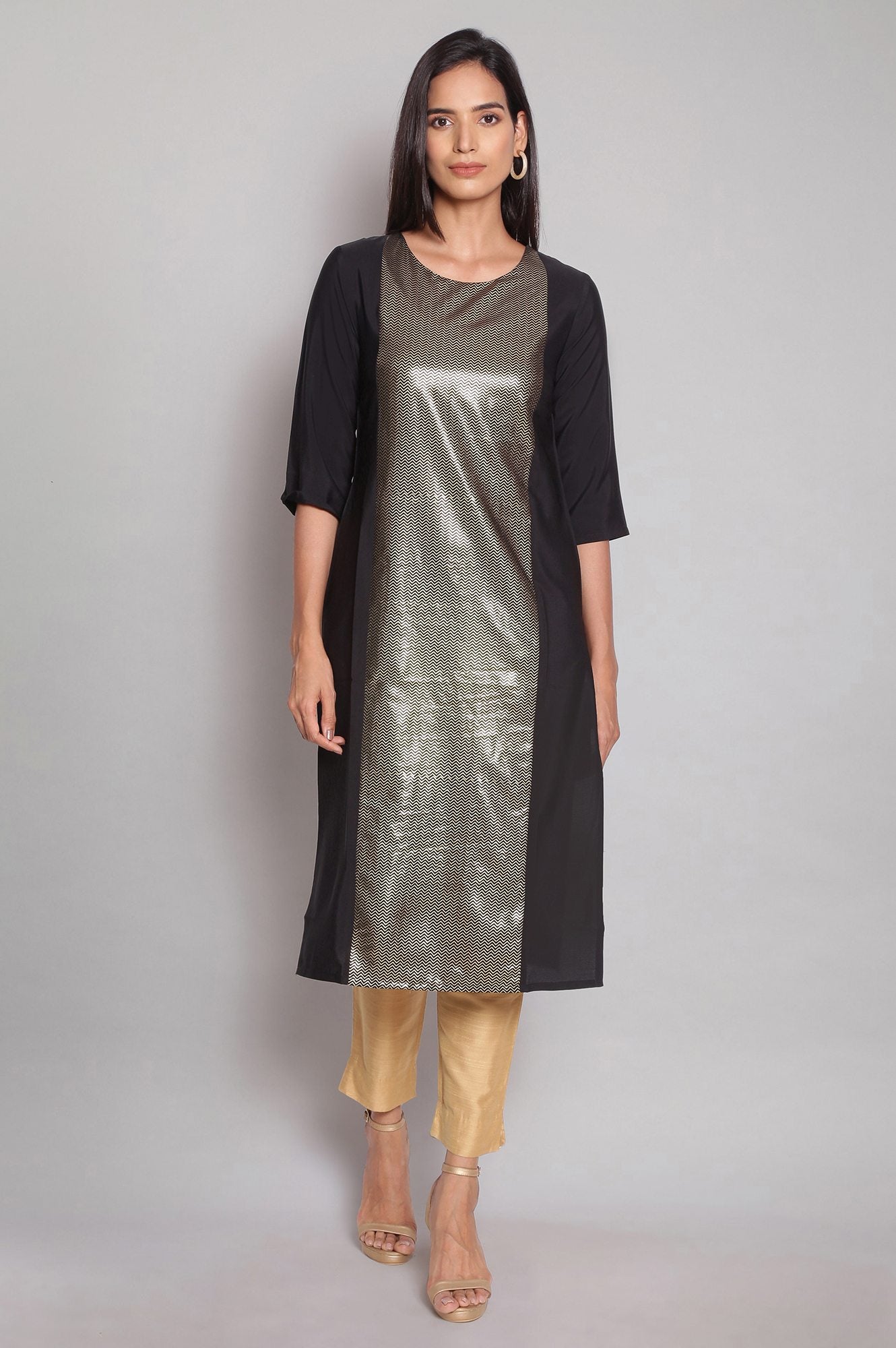 Black American Crepe Placement Print kurta