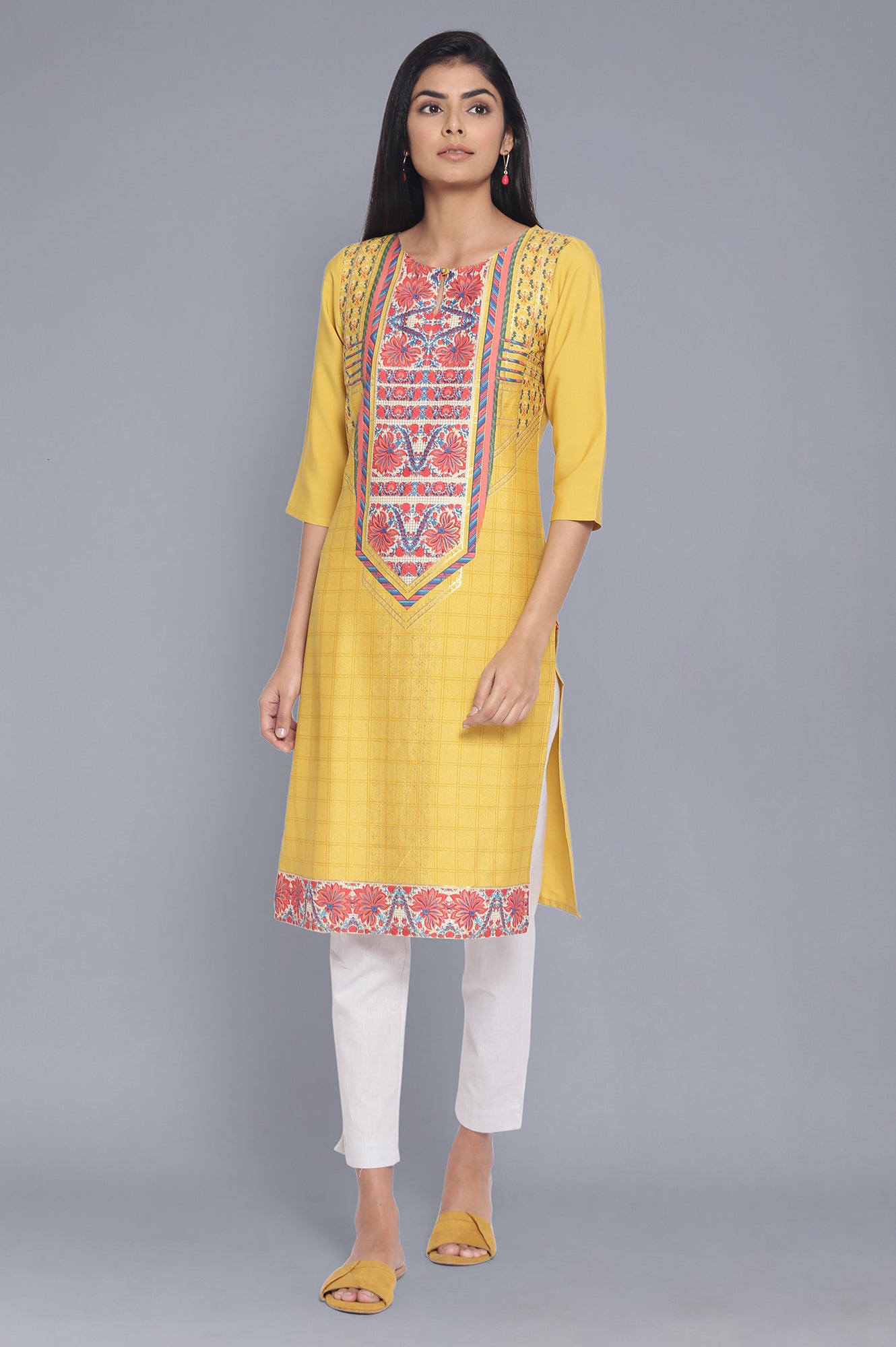 Yellow Printed Straight kurta