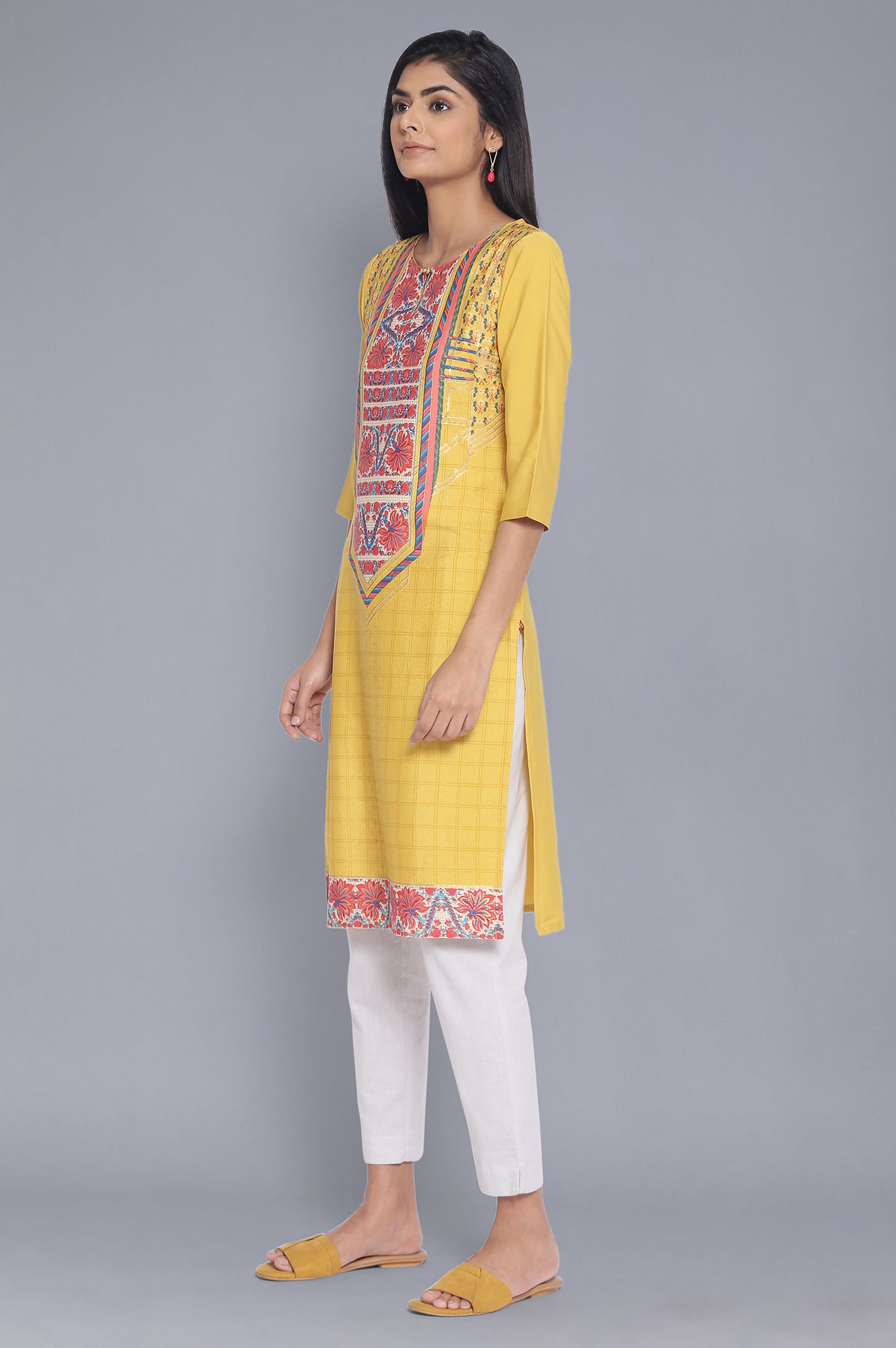 Yellow Printed Straight kurta