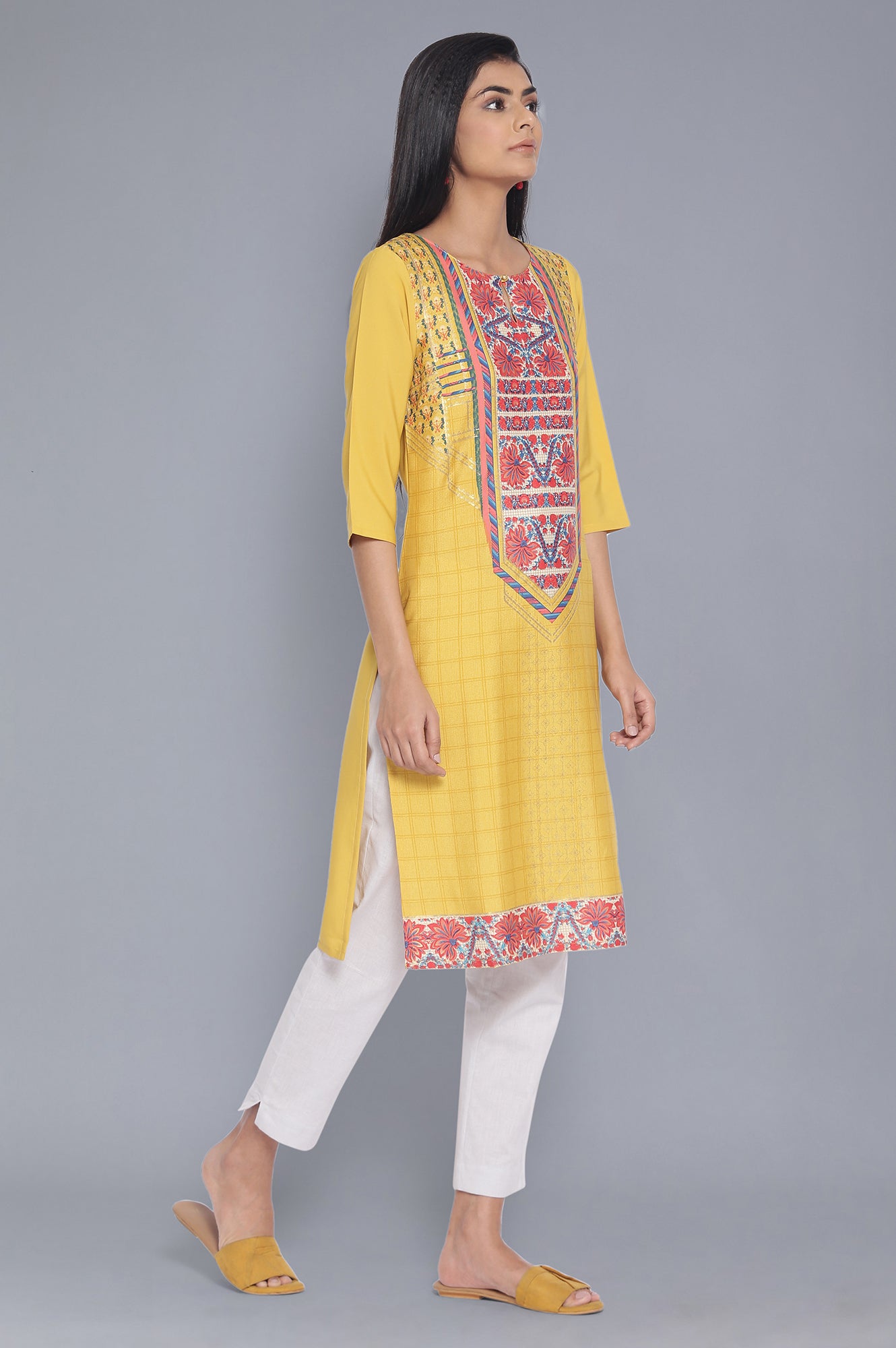 Yellow Printed Straight kurta