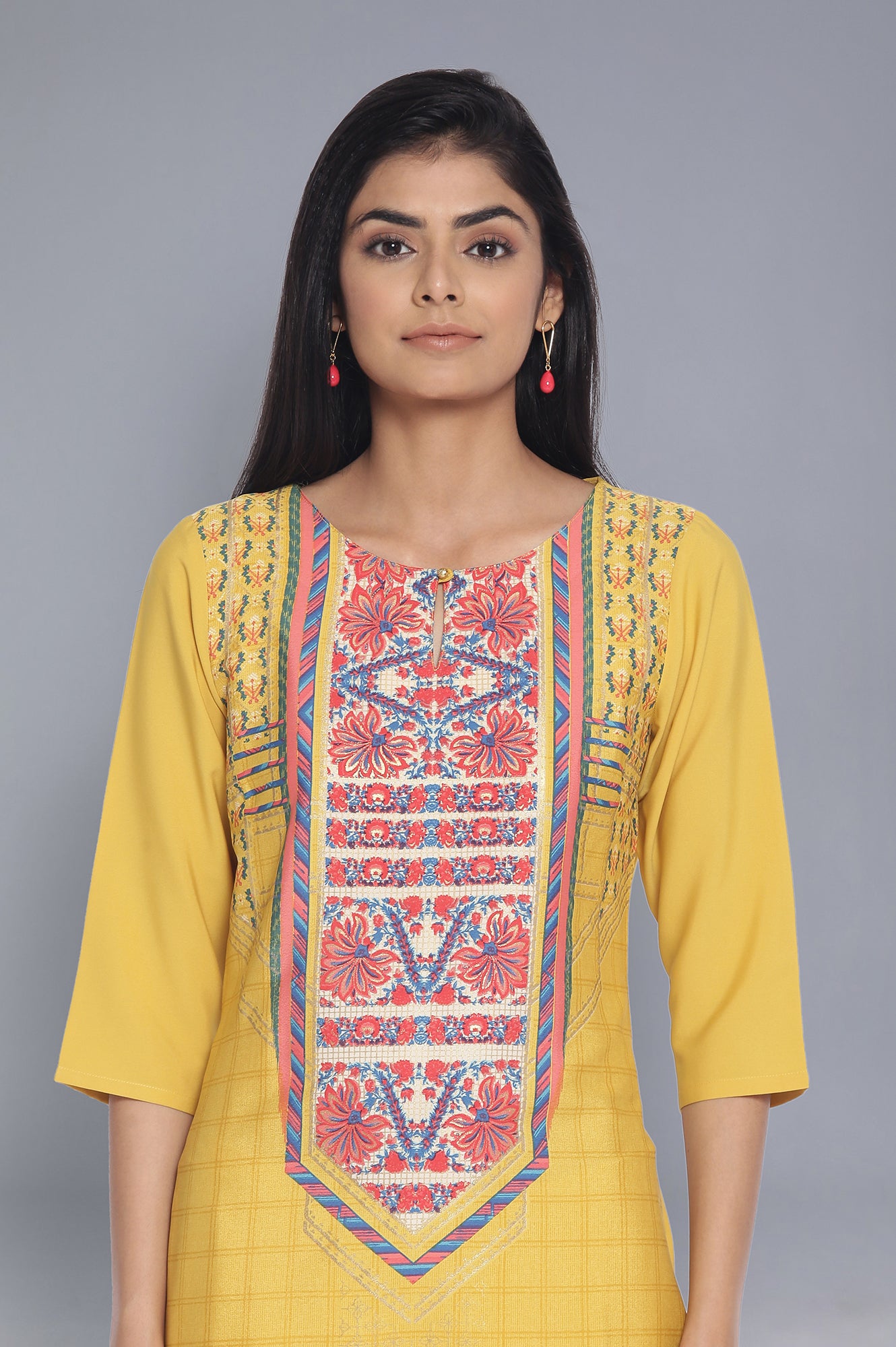 Yellow Printed Straight kurta