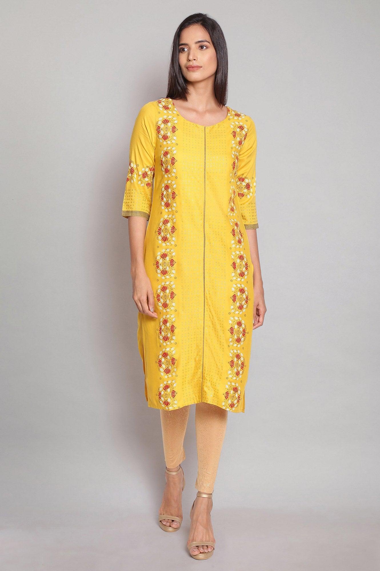 Yellow Straight Floral Print kurta - wforwoman