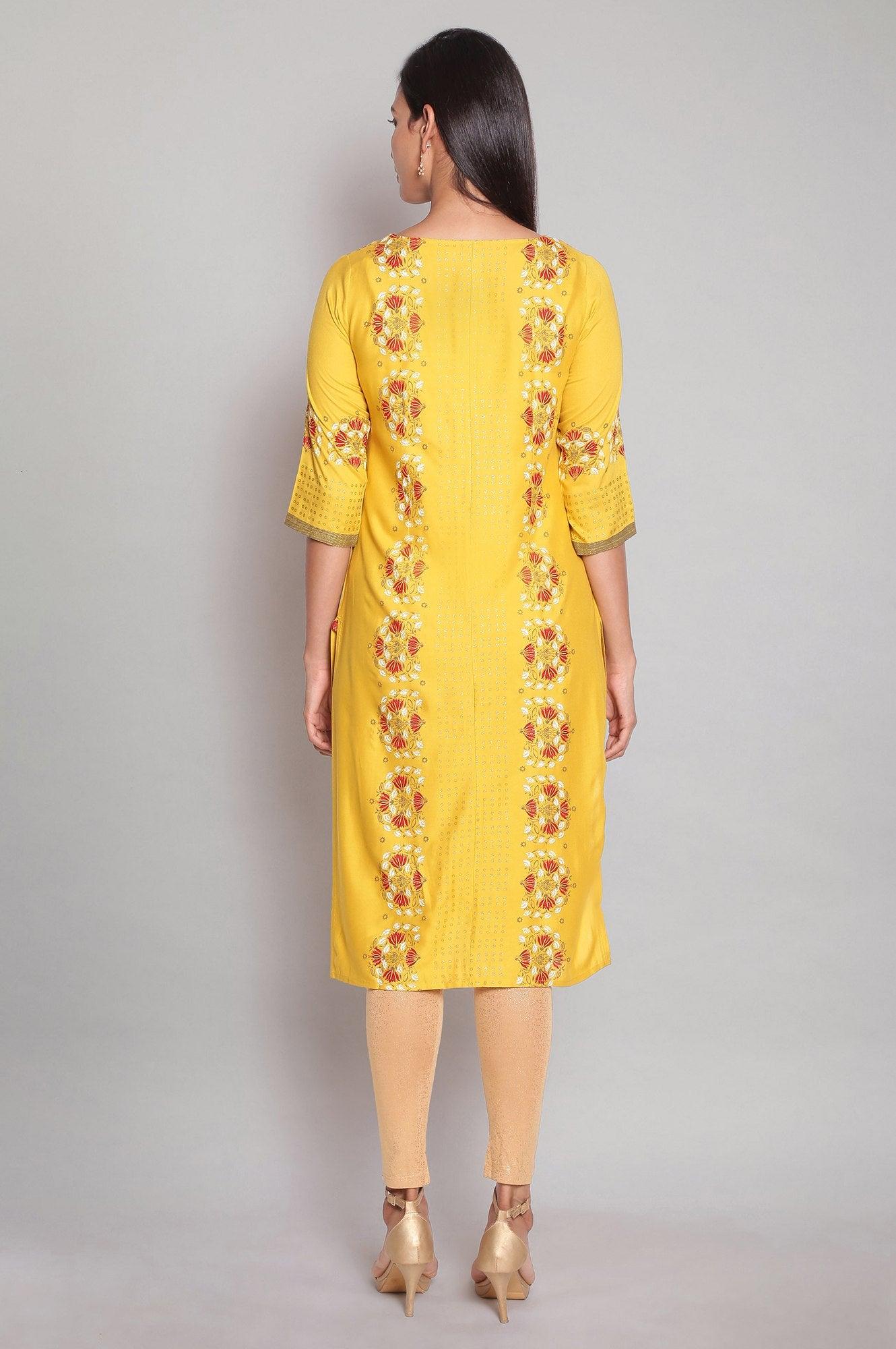 Yellow Straight Floral Print kurta - wforwoman