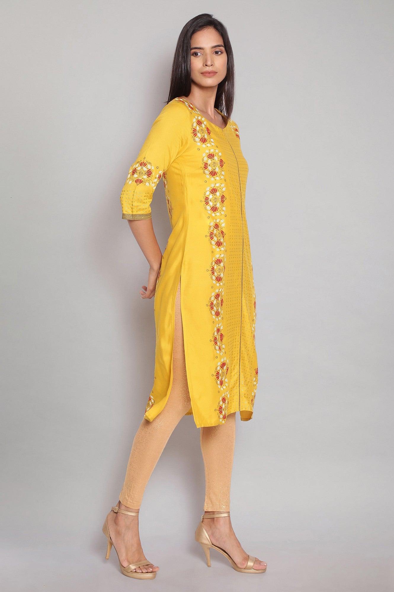 Yellow Straight Floral Print kurta - wforwoman