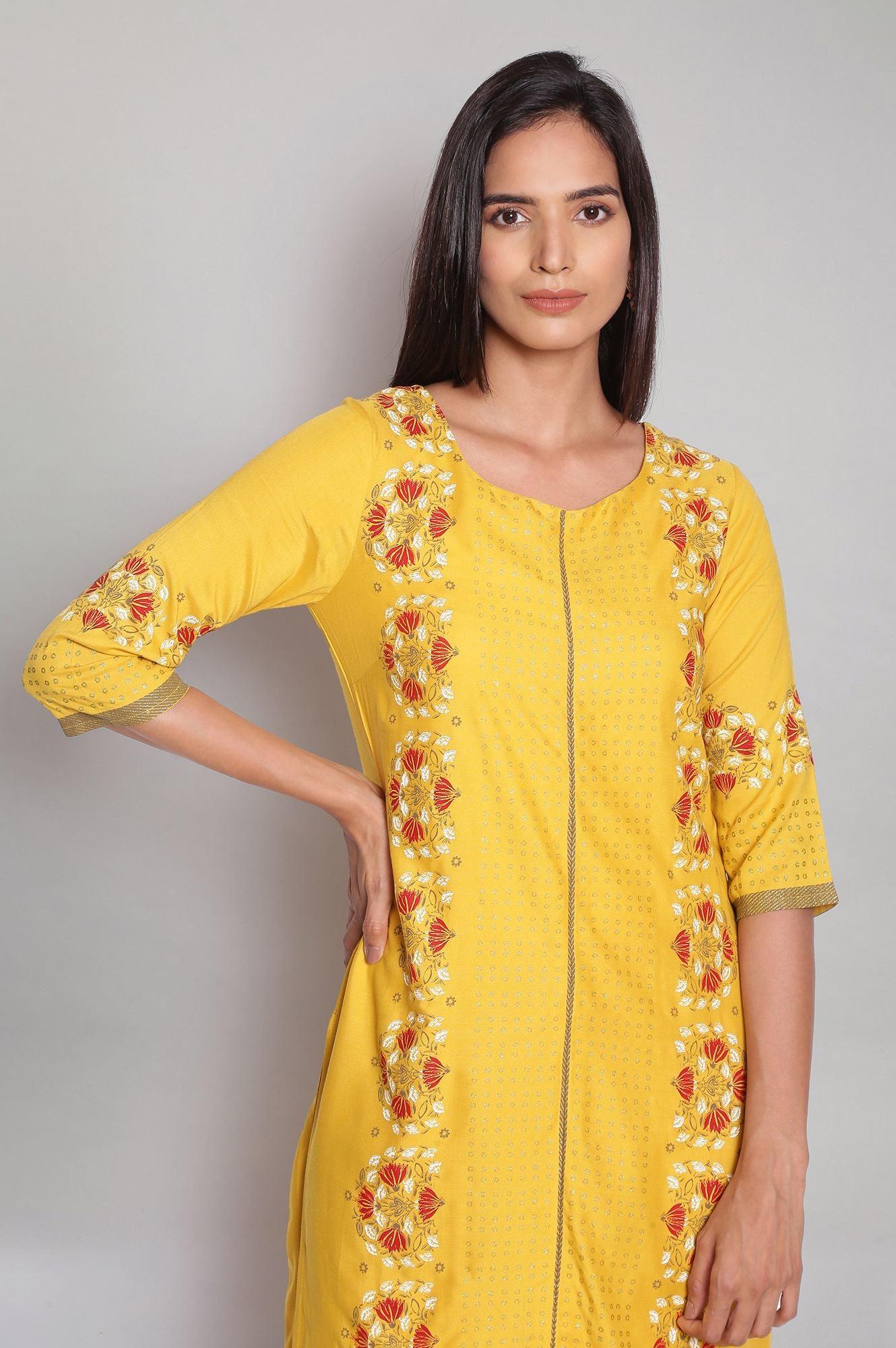 Yellow Straight Floral Print kurta - wforwoman