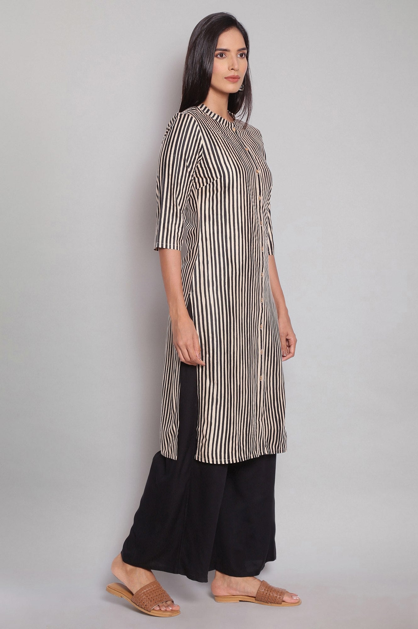 Beige and Black Stripe Print Dress