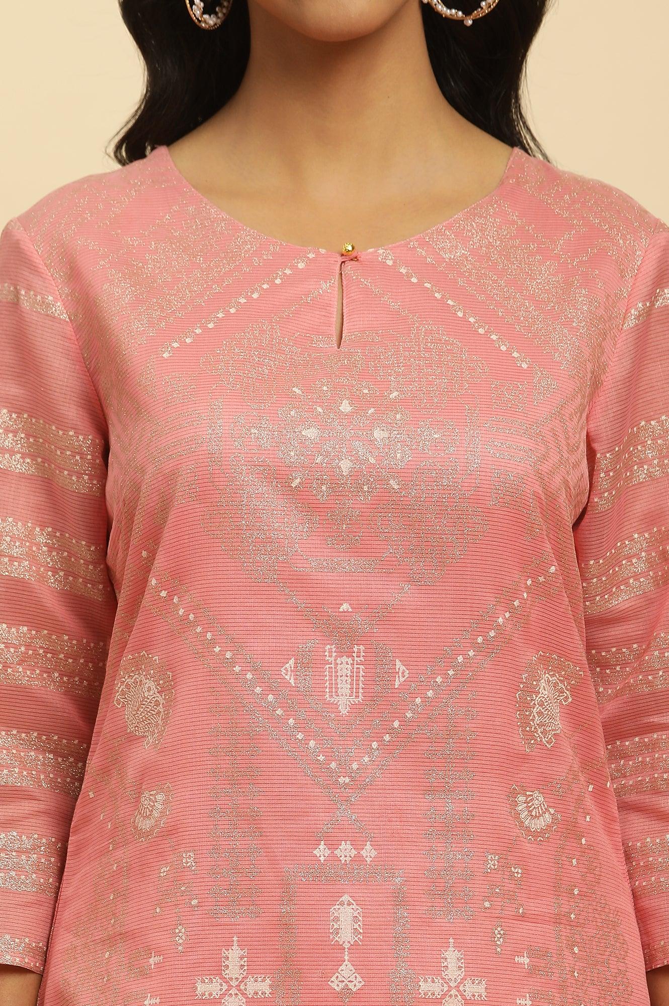 Pink Geometric Printed Chanderi Kurta - wforwoman