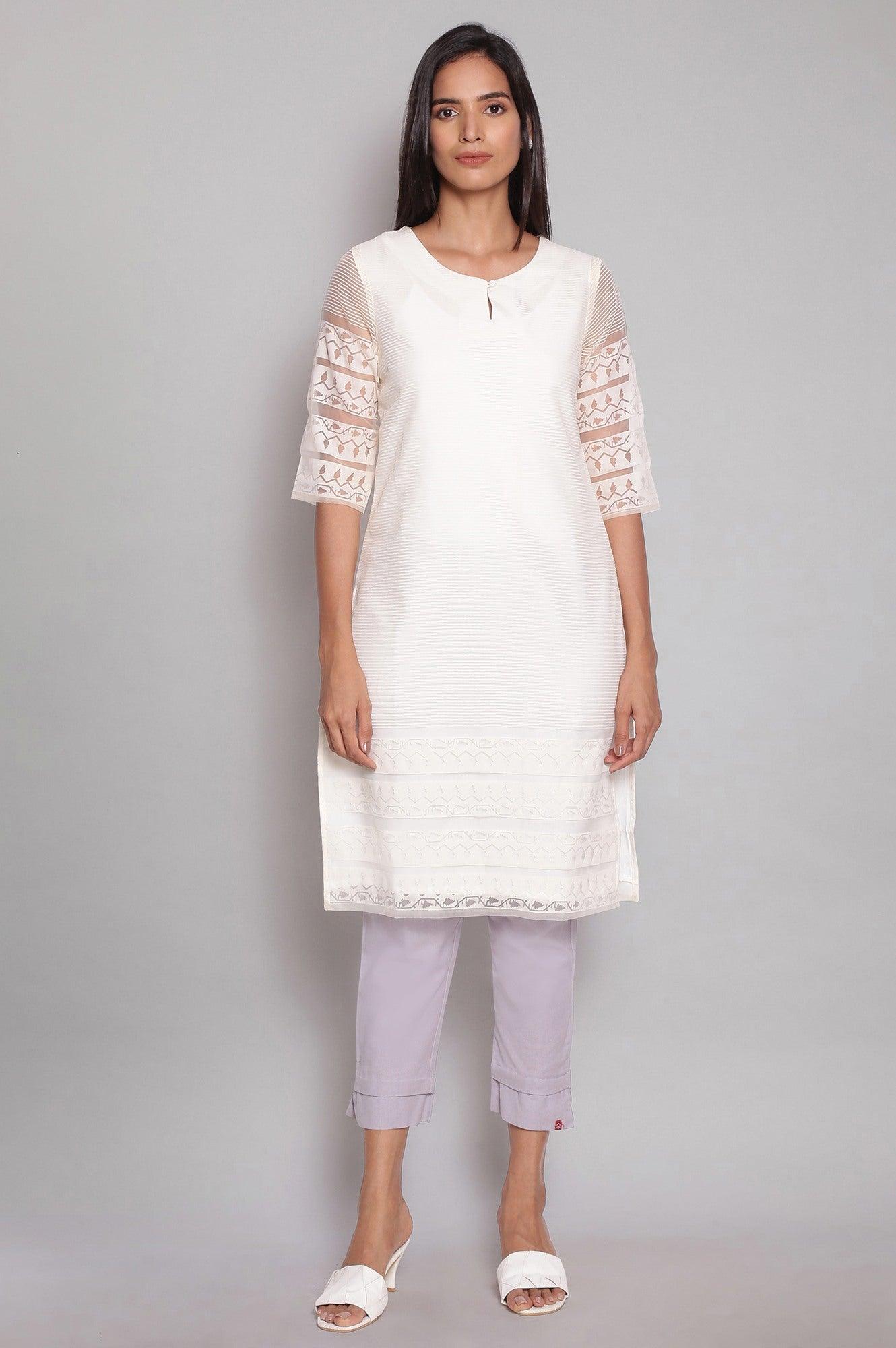 Ecru Brasso Fabric kurta In Round Neck - wforwoman