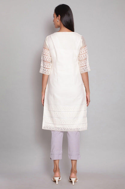 Ecru Brasso Fabric kurta In Round Neck - wforwoman