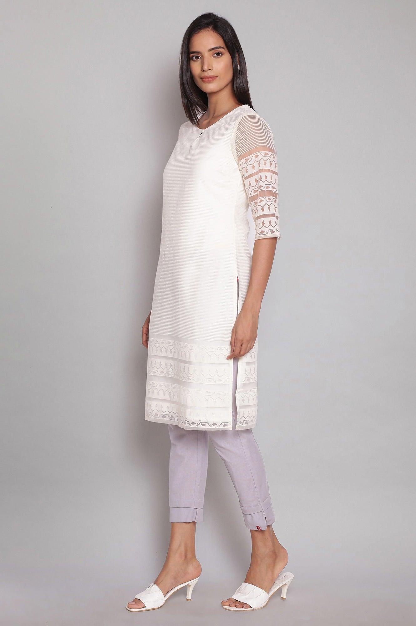 Ecru Brasso Fabric kurta In Round Neck - wforwoman