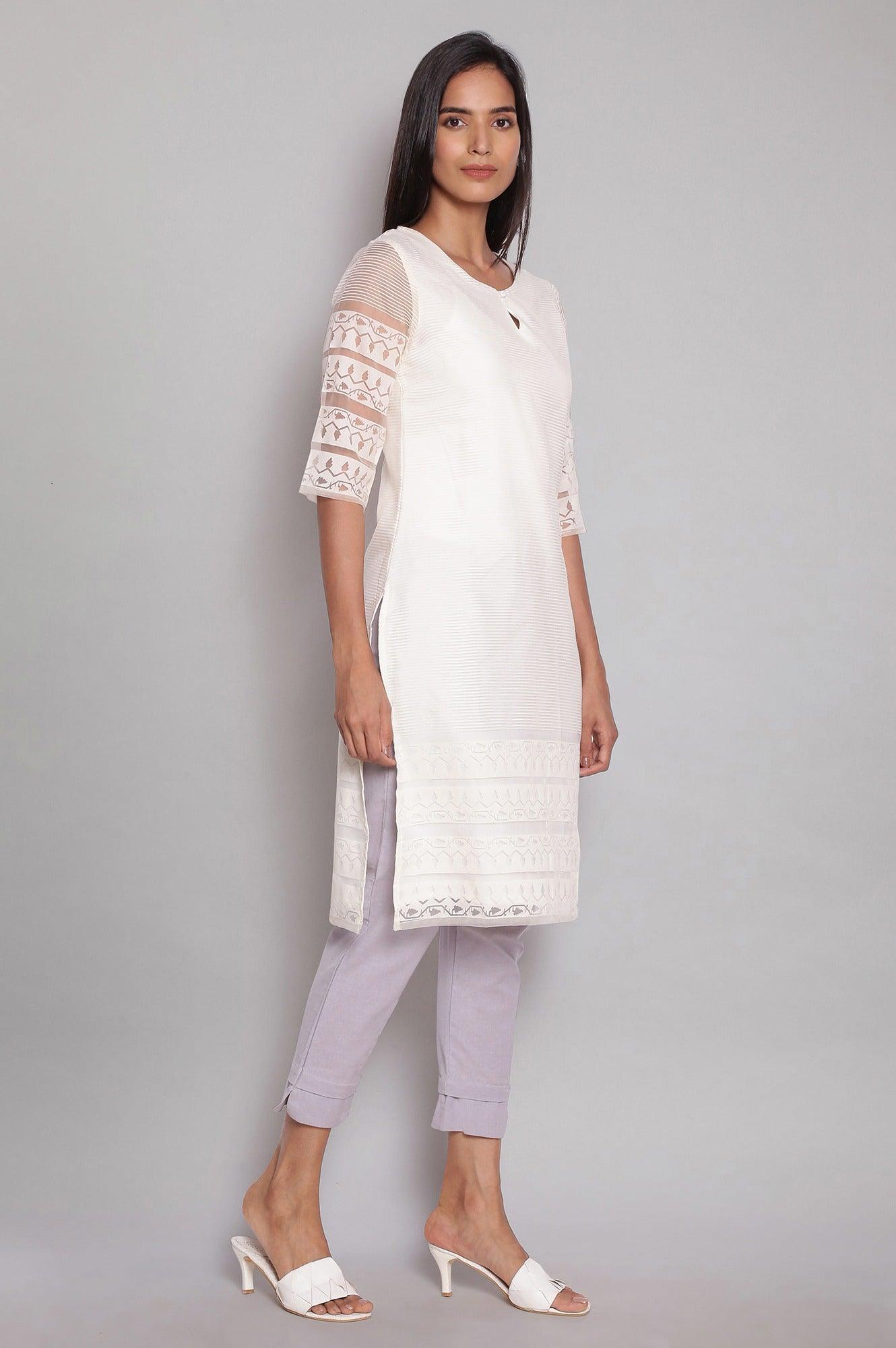 Ecru Brasso Fabric kurta In Round Neck - wforwoman